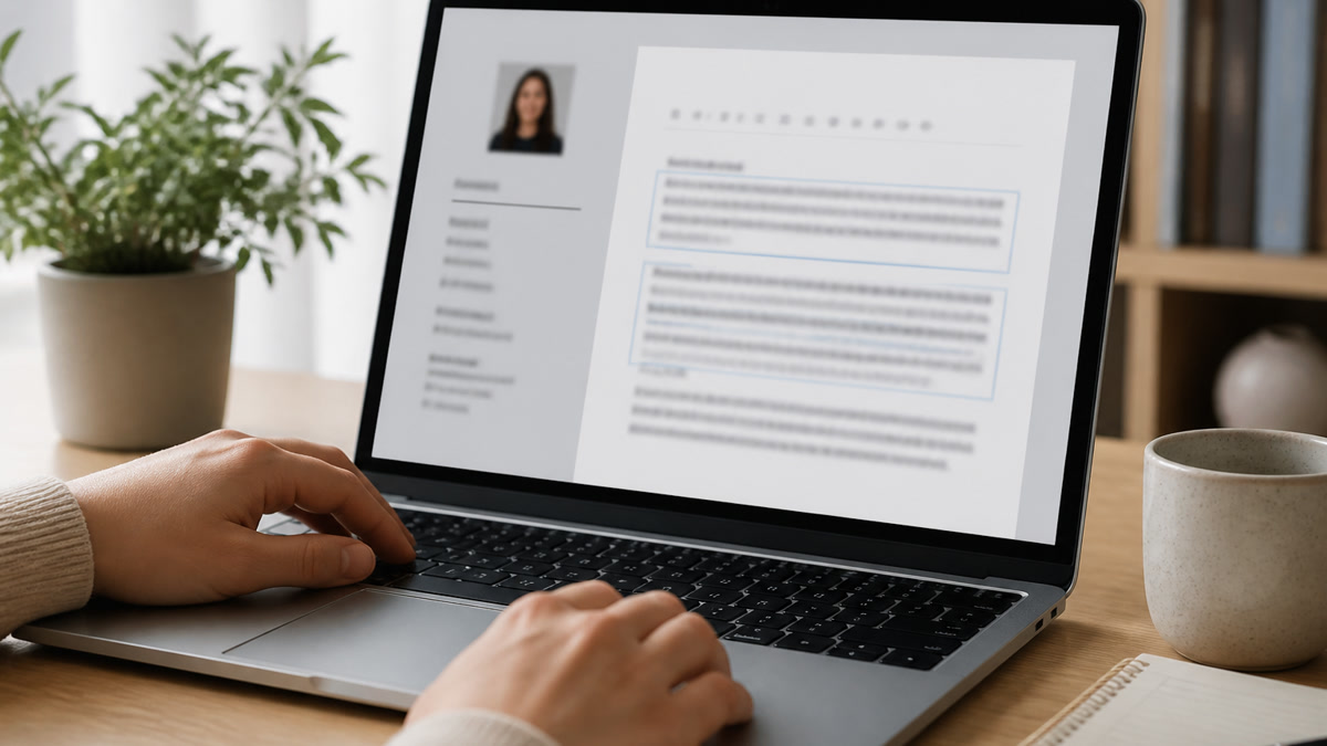 Professional editing the summary section of a resume on a laptop in a home office