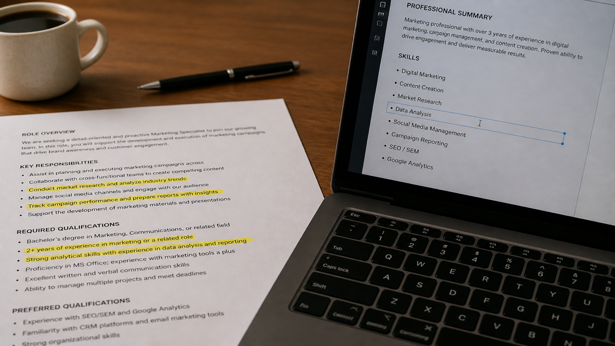 Job seeker highlighting keywords on a printed job description beside a resume skills section on a laptop