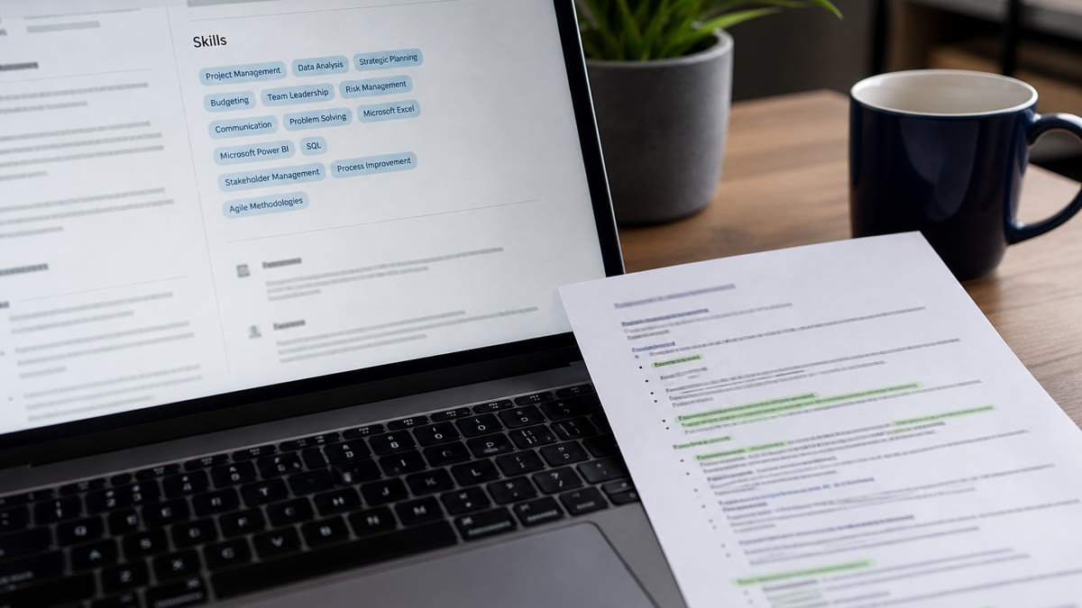 Job seeker editing a focused resume skills section on a laptop beside a short list of role-specific tools