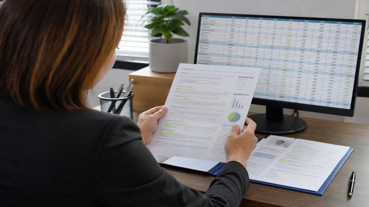 Hiring manager reviewing resume documents with highlighted metrics on desk beside analytics monitor