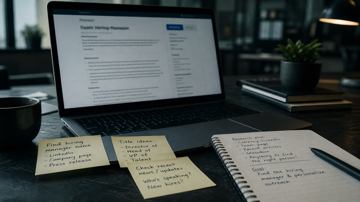 Job posting on laptop screen with handwritten research notes for hiring manager name