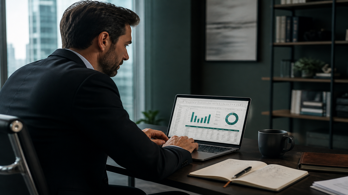 Professional reviewing performance metrics spreadsheet at desk before salary meeting