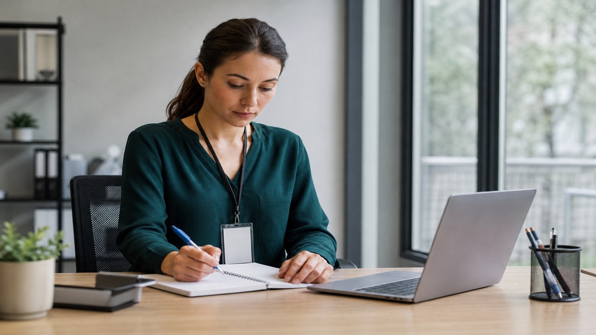 New hire at a sparse office desk preparing to talk to a manager
