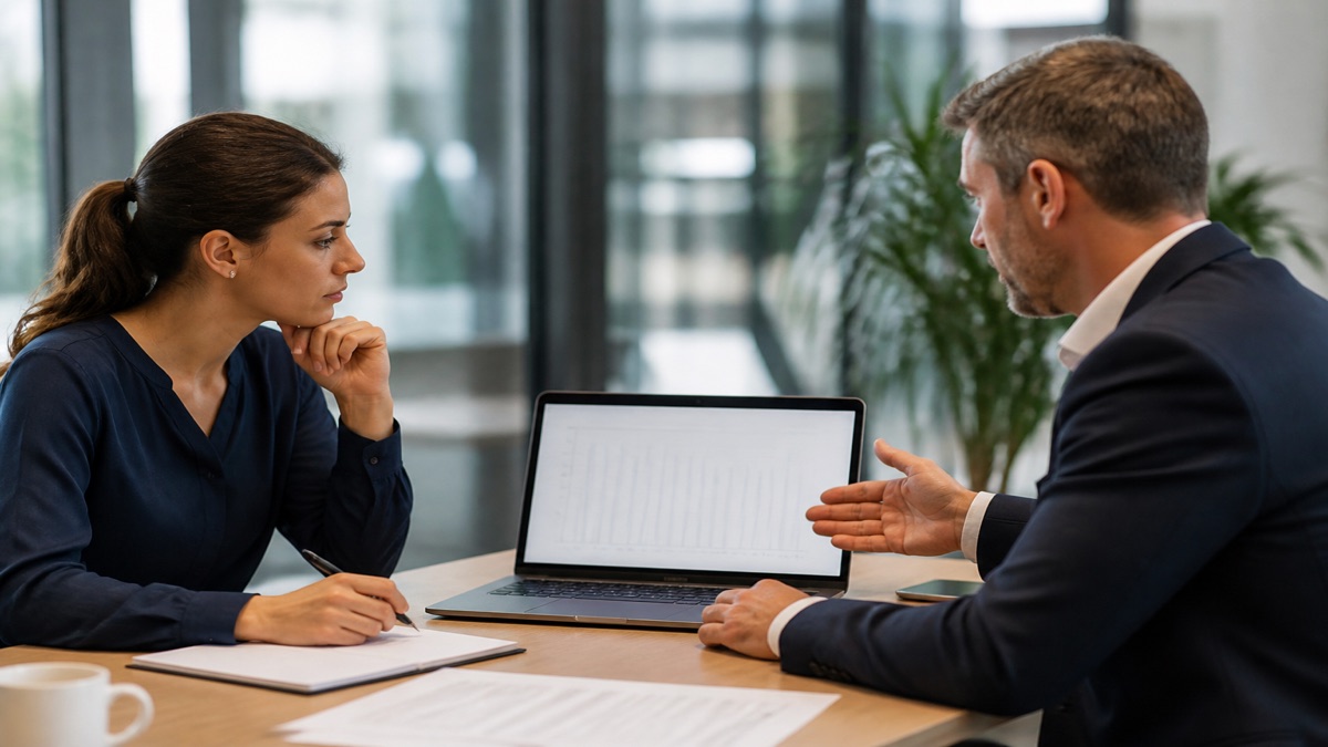 Manager and employee discussing pay with a laptop between them