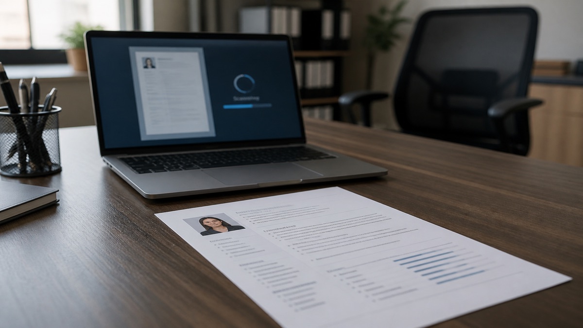 Printed resume in front of a laptop running an automated screen