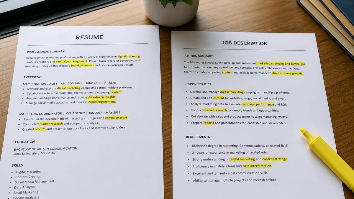 Resume and job description side by side with highlighted matching phrases