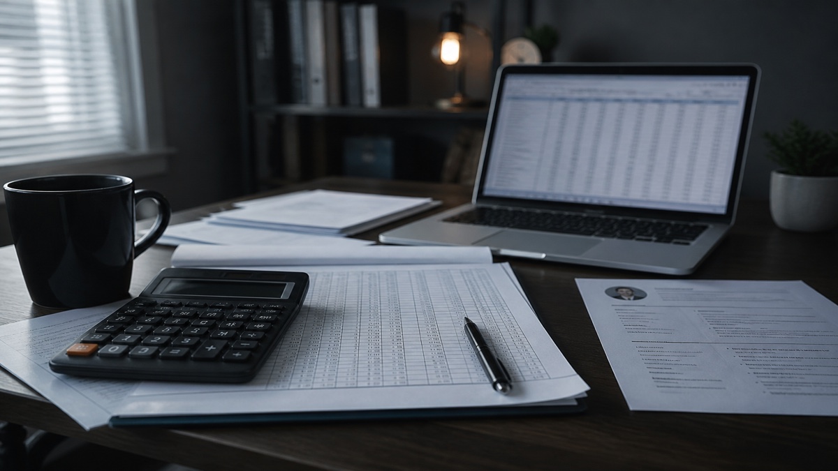 Bookkeeper desk with calculator, ledger, laptop, and printed resume