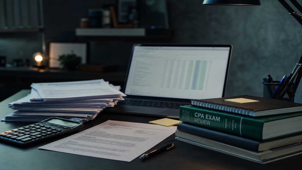 Accountant desk with calculator, tax forms, exam books, and resume
