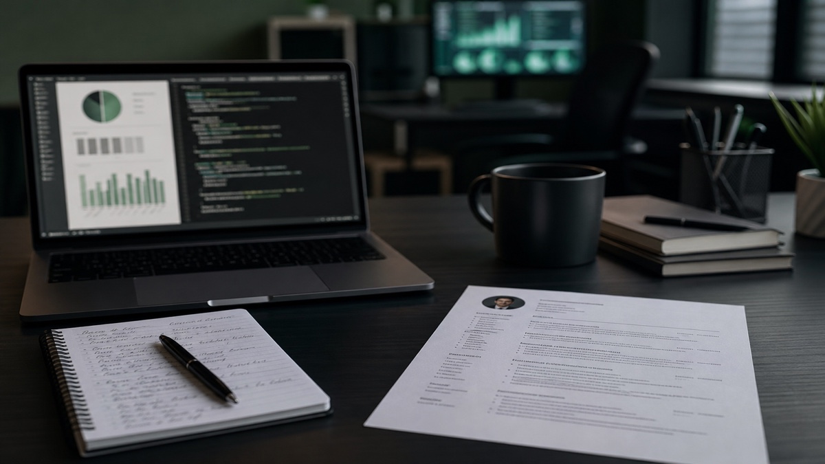 Data analyst laptop with charts, notebook, and a printed resume