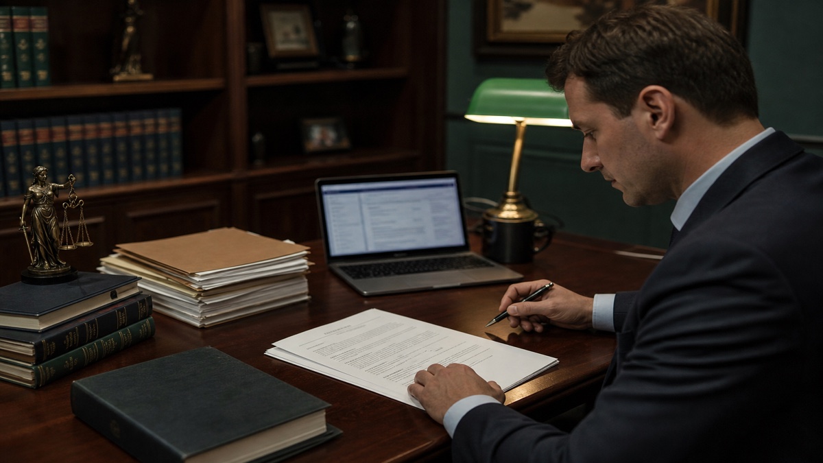 Attorney at a law office desk with case files and a laptop