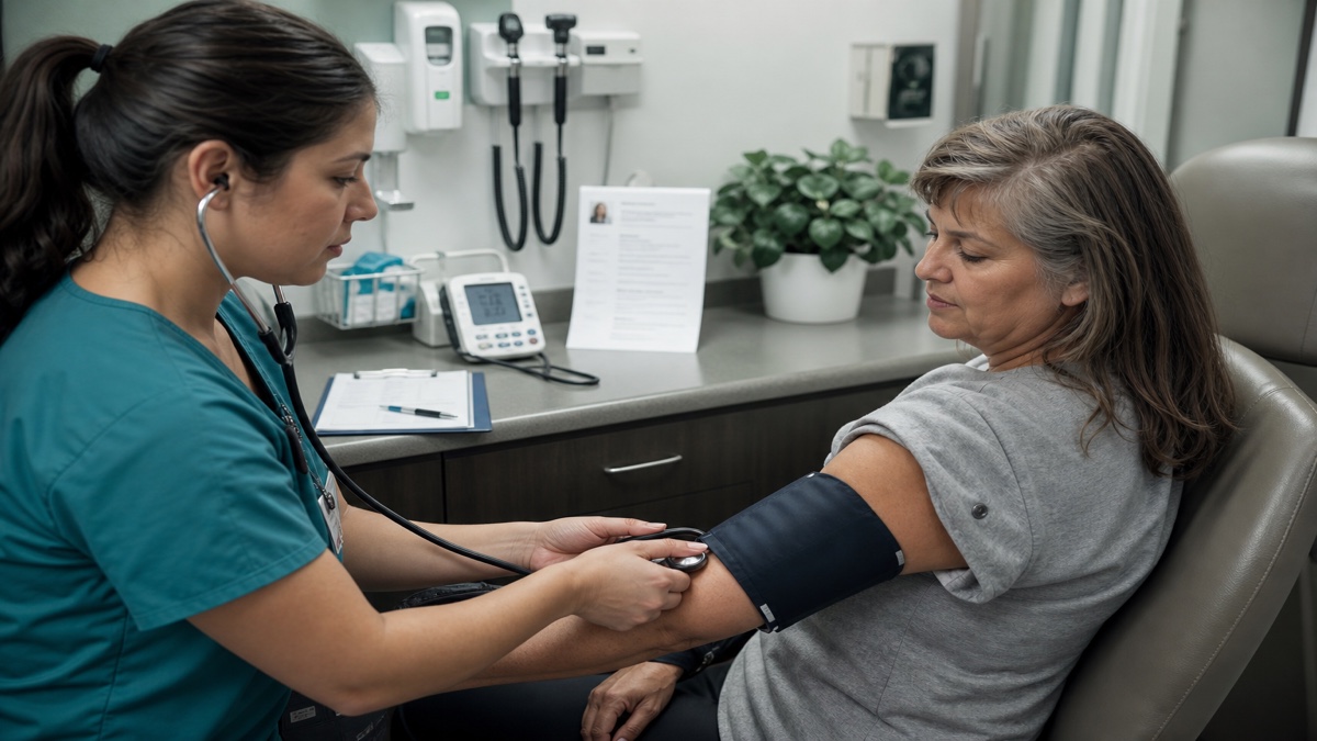 Medical assistant taking blood pressure in a clinic exam room