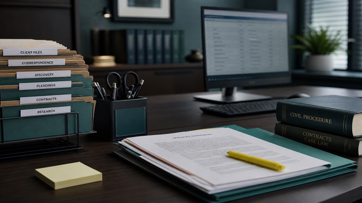 Paralegal desk with legal files, law books, and contract pages beside a blurred case management screen