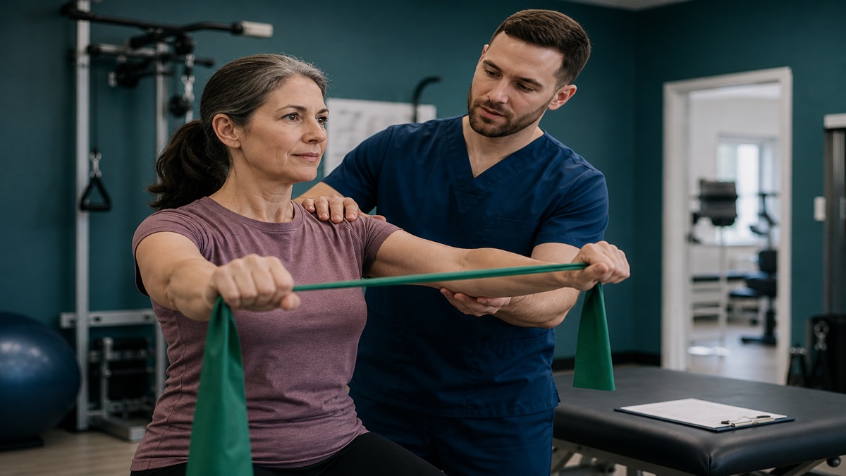 Physical therapist guiding a patient with a resistance band in clinic