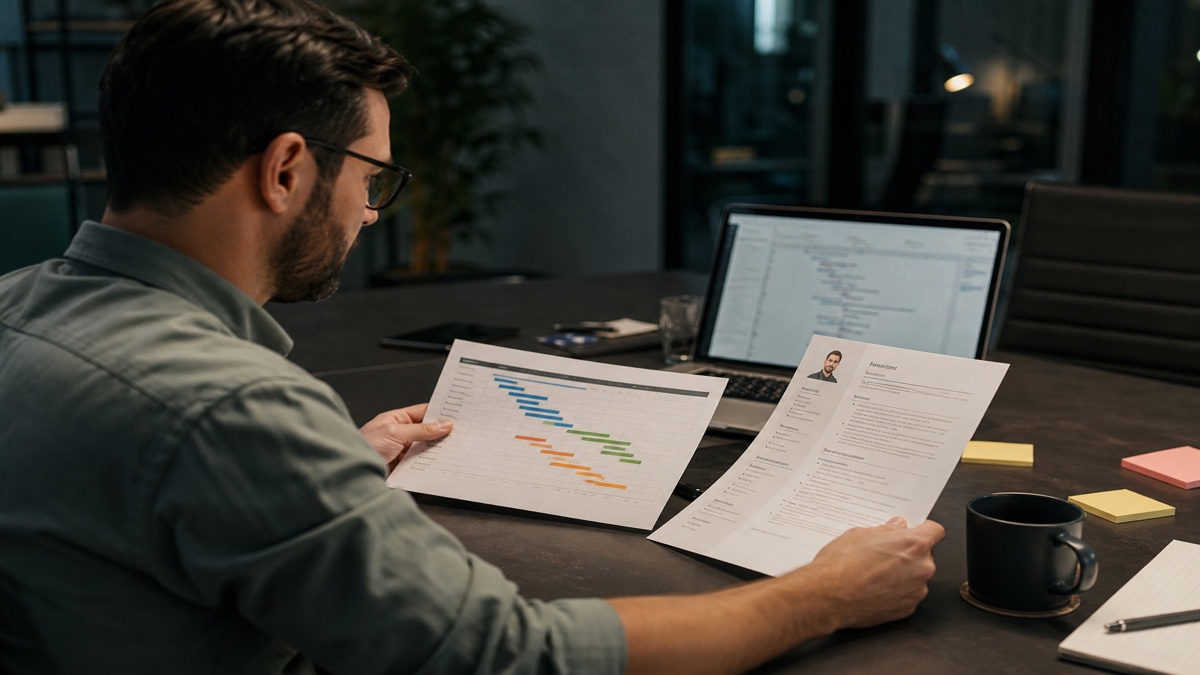 Project manager reviewing Gantt chart and resume at a conference table
