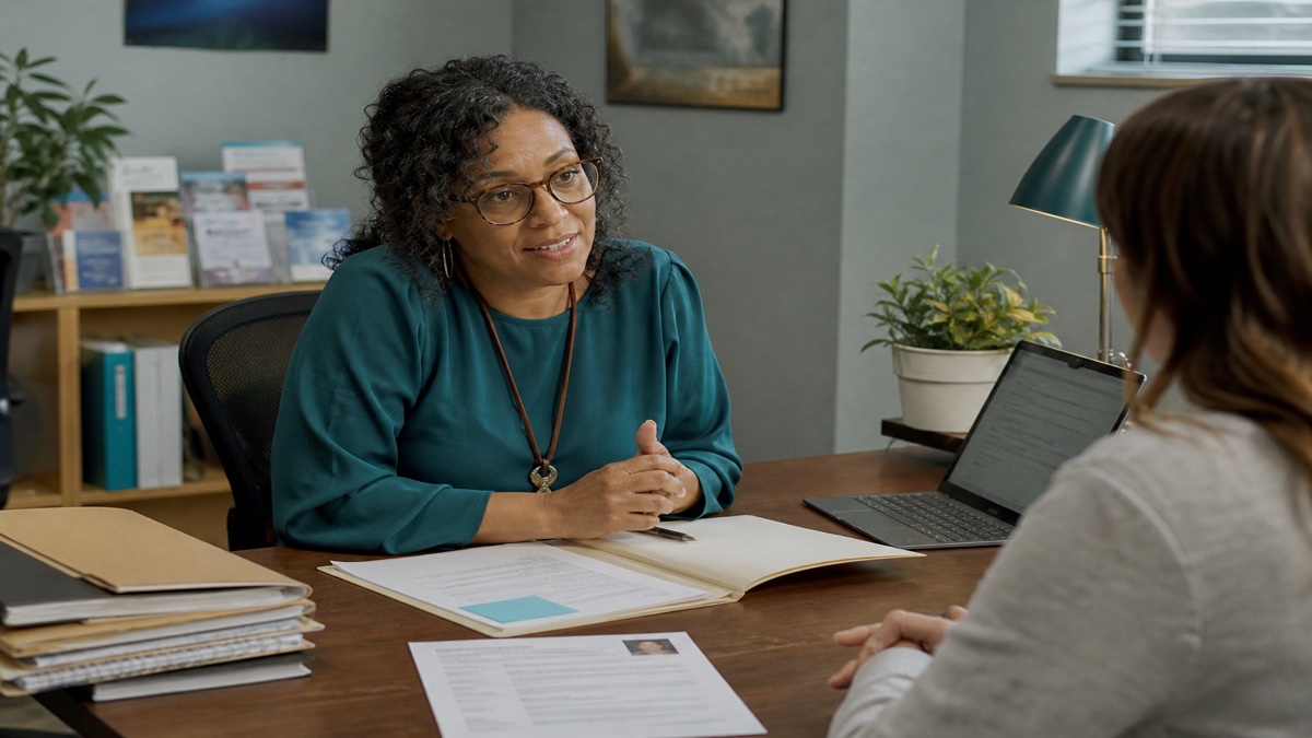 Social worker reviewing case folders at a community office desk