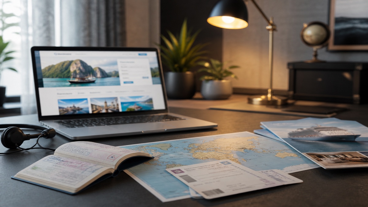 Home office desk with passport, world map, airline tickets, and laptop showing blurred travel booking screen