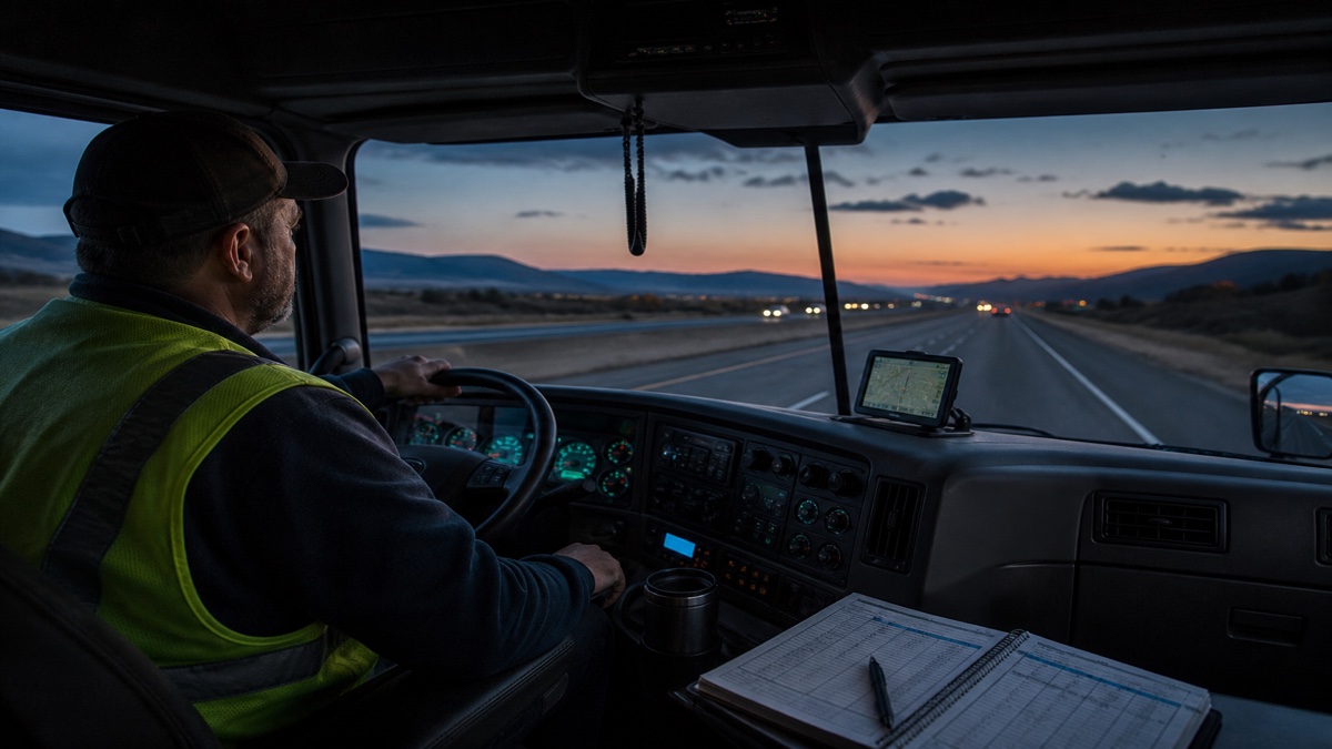 Class A truck cab interior with logbook and steering wheel at dusk