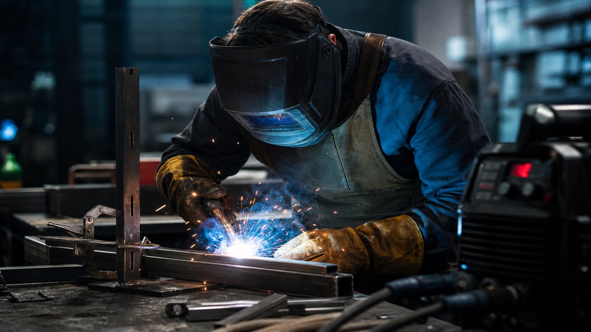 Welder in a helmet joining steel with sparks in a workshop