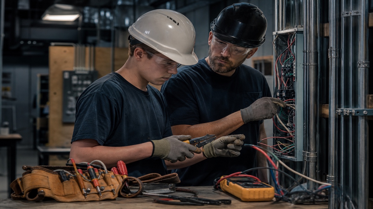 Electrician apprentice and journeyman mentor at electrical panel with tools and safety gear