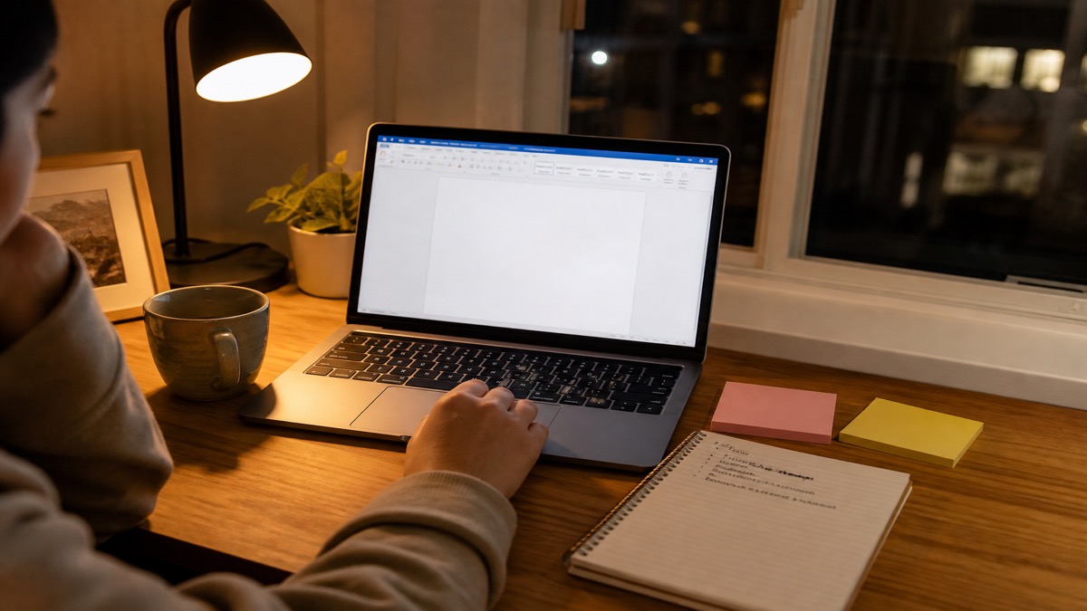 Blank Word document on a laptop with a notepad of job history beside it