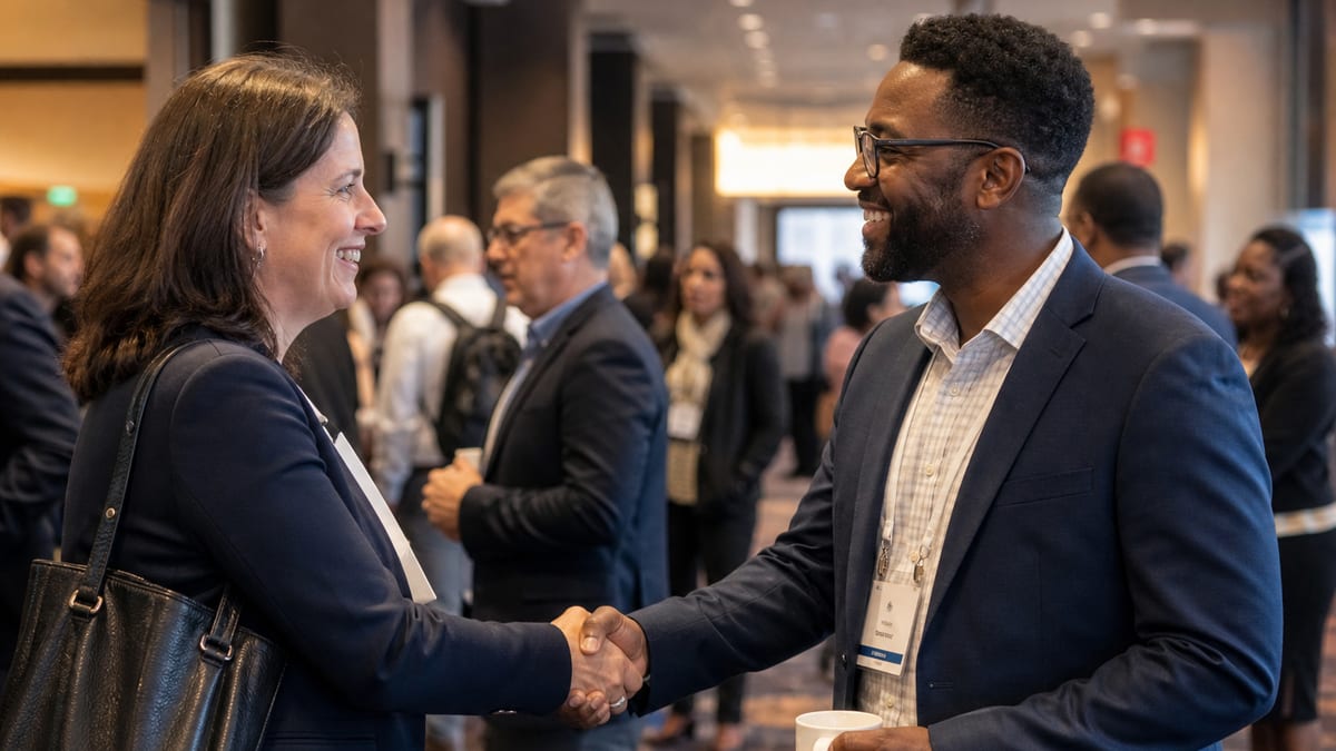 Two professionals shaking hands at a conference networking event