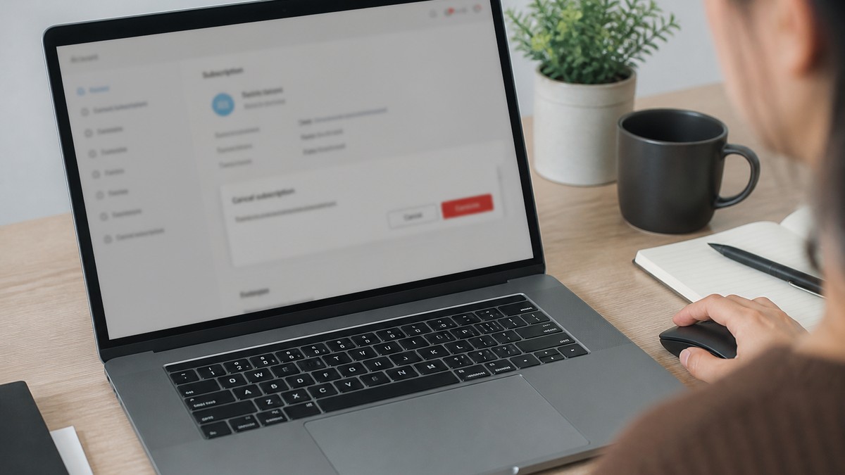 Laptop screen showing Resume Now account billing settings with subscription cancellation options highlighted