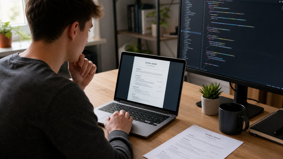 Frontend developer reviewing a single-column ATS resume on a laptop with React code on a second monitor