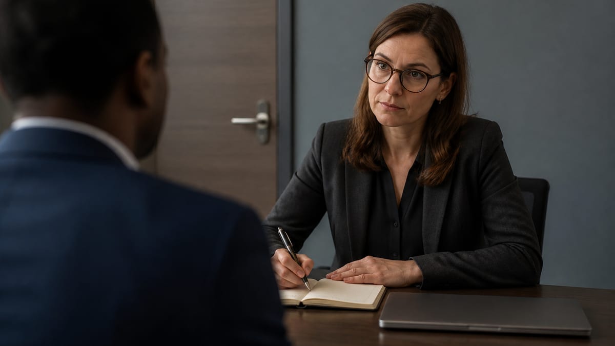 Tense one-on-one meeting across a desk with a closed laptop