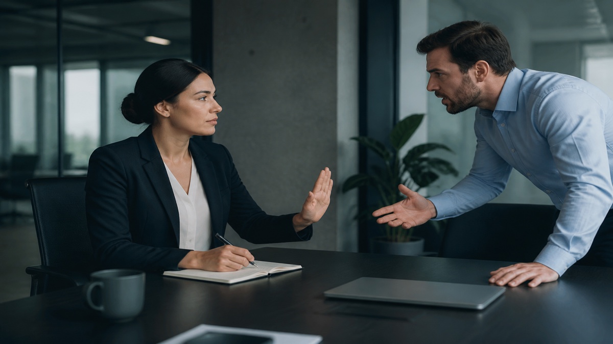 Two professionals in a tense office meeting with notebooks and a closed laptop on a dark slate conference table