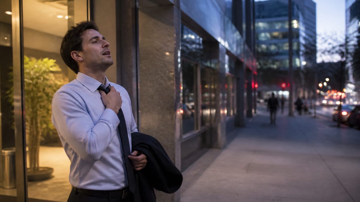 Office worker taking a breath outside a modern office building at dusk