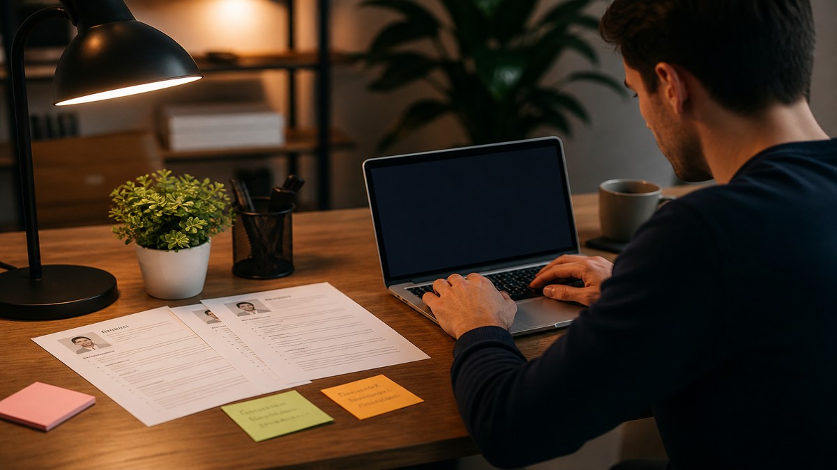 Professional developing a CV on a laptop with structured sections for experience, skills, and education highlighted