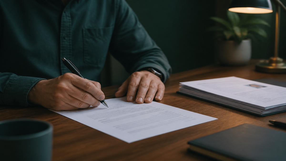 Hands signing a printed cover letter at desk with pen and application papers