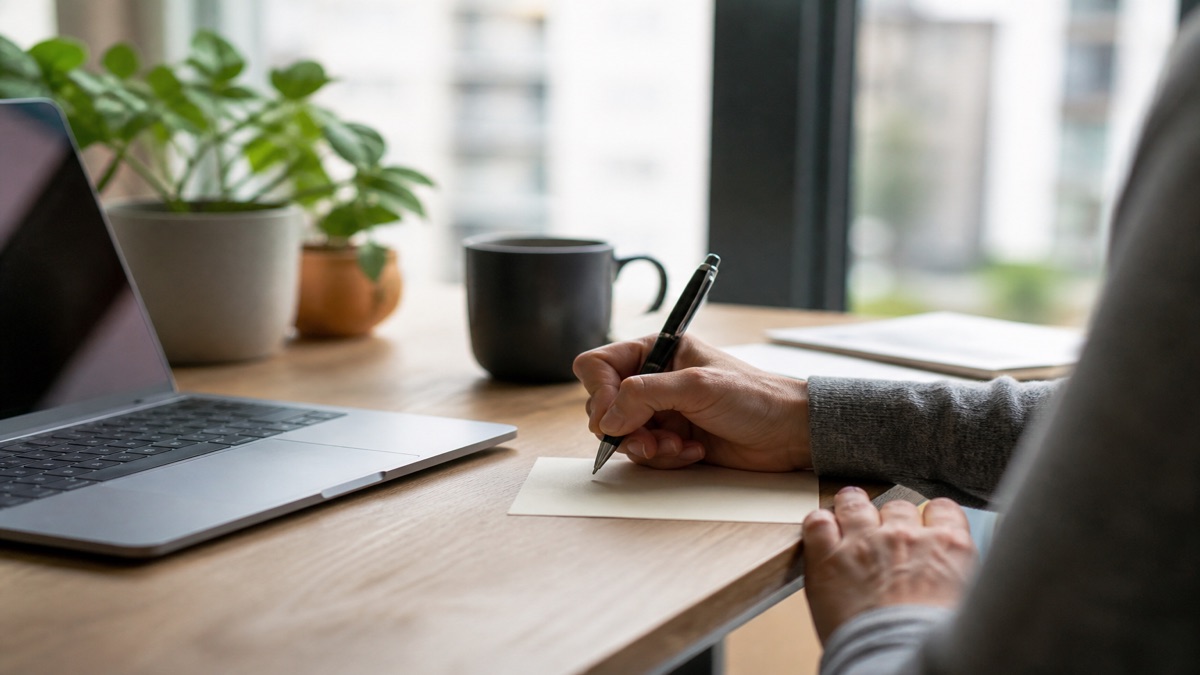 Hand writing a thank-you note after an interview