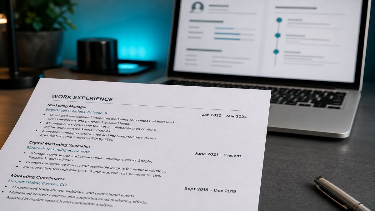 Resume timeline showing Month YYYY date ranges beside a laptop with an ATS upload screen