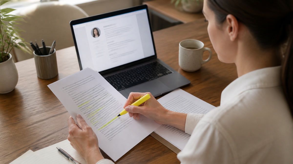 Job seeker highlighting keywords on a printed job description beside a resume open on a laptop at a home desk