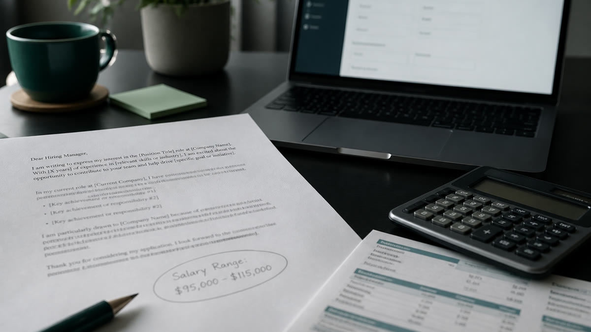 Cover letter draft with circled salary range beside calculator on a dark desk