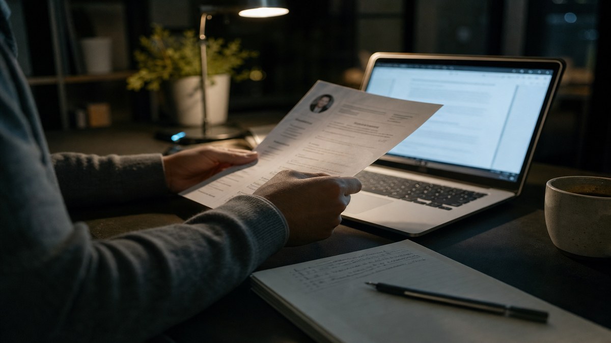 Freelancer at a desk reviewing how to list freelance work on a resume beside a laptop