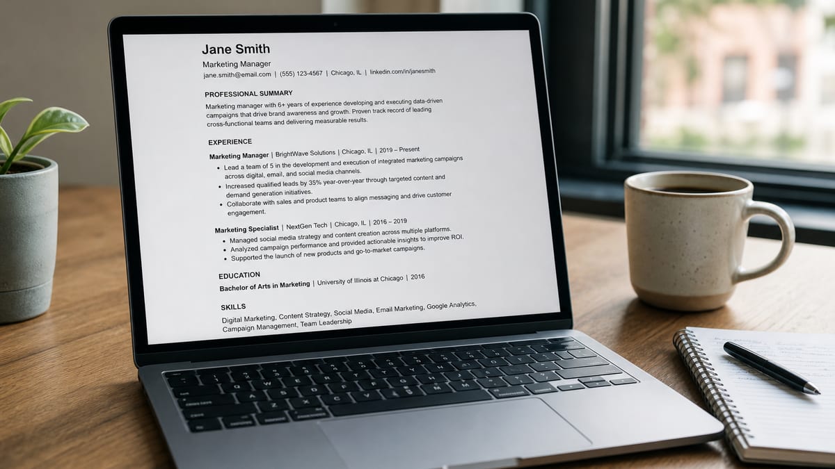 Clean single-column resume on a laptop screen in daylight
