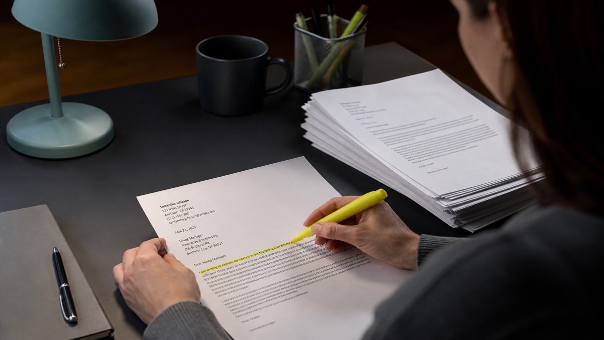 Recruiter reviewing a highlighted cover letter at a desk with resume stack