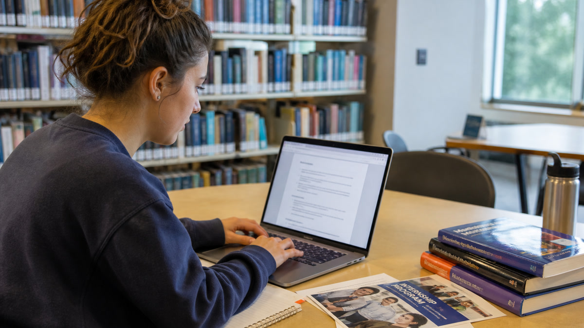 College student building a first resume on a laptop at a library desk with textbooks nearby