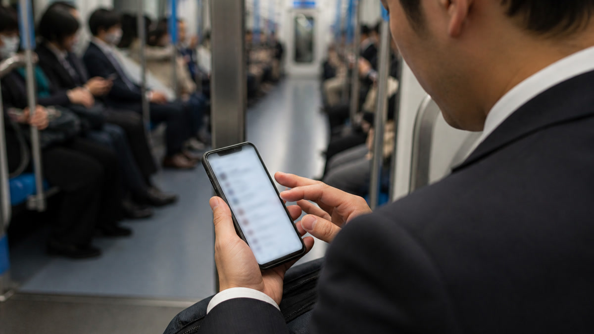 Professional creating a resume on a smartphone while commuting on a train