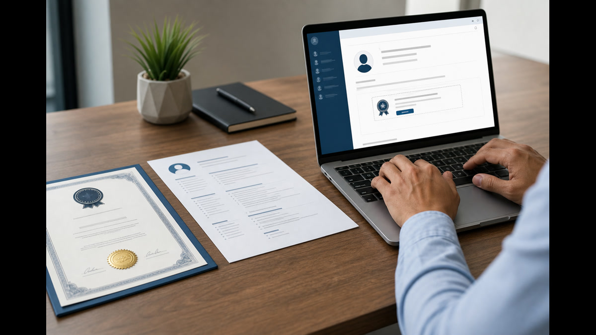 Job seeker editing certification wording on a resume beside a laptop showing ATS keyword highlights for PMP and AWS credentials