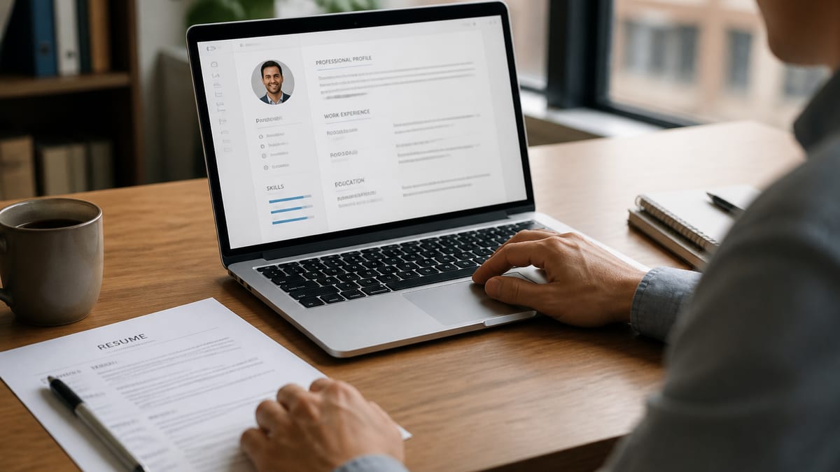 Laptop showing a professional profile beside a printed resume