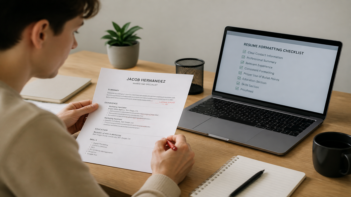 Job applicant at desk with single-column resume printout and laptop showing resume formatting checklist