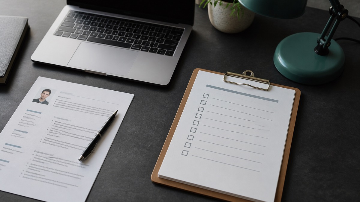 Printed 7-step checklist clipboard beside a resume and laptop