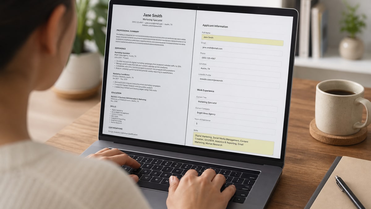 Job seeker's resume shown side by side with an ATS parsing panel highlighting extracted fields on a laptop screen