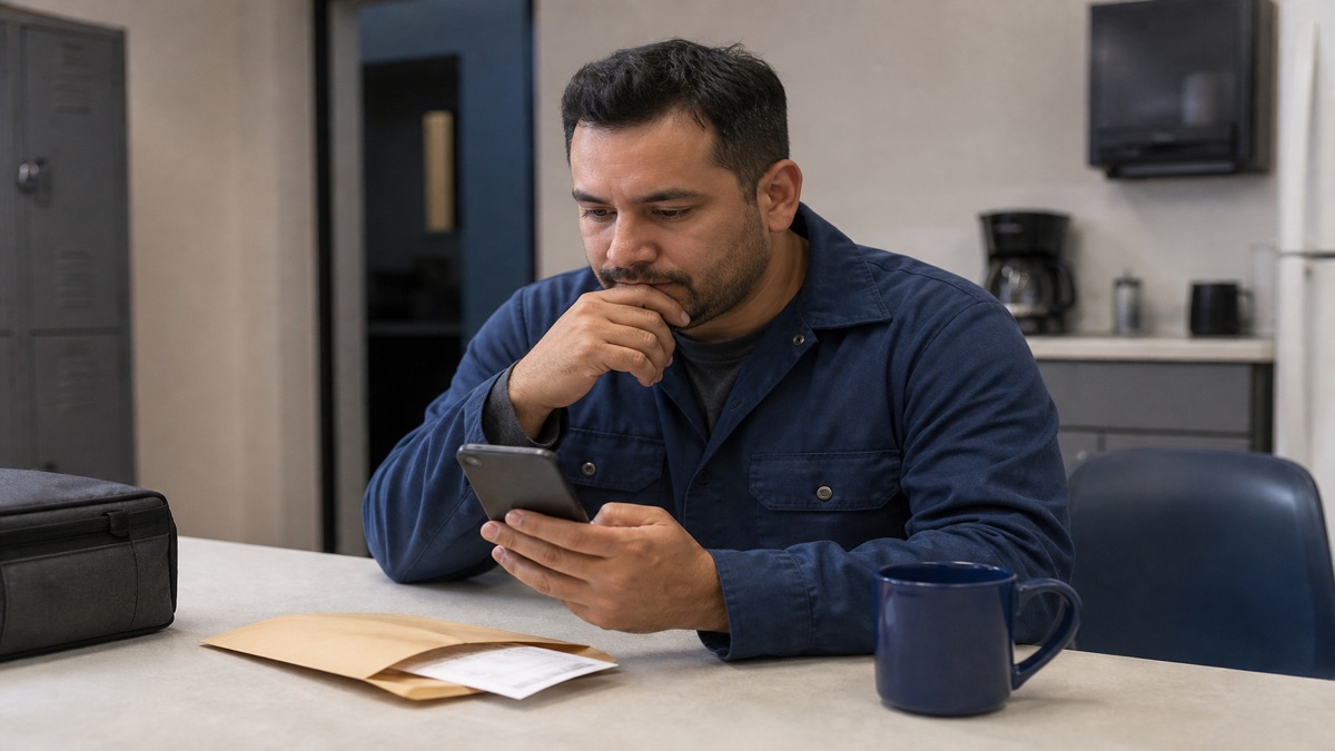 Worker sending a polite payroll follow-up from a break table