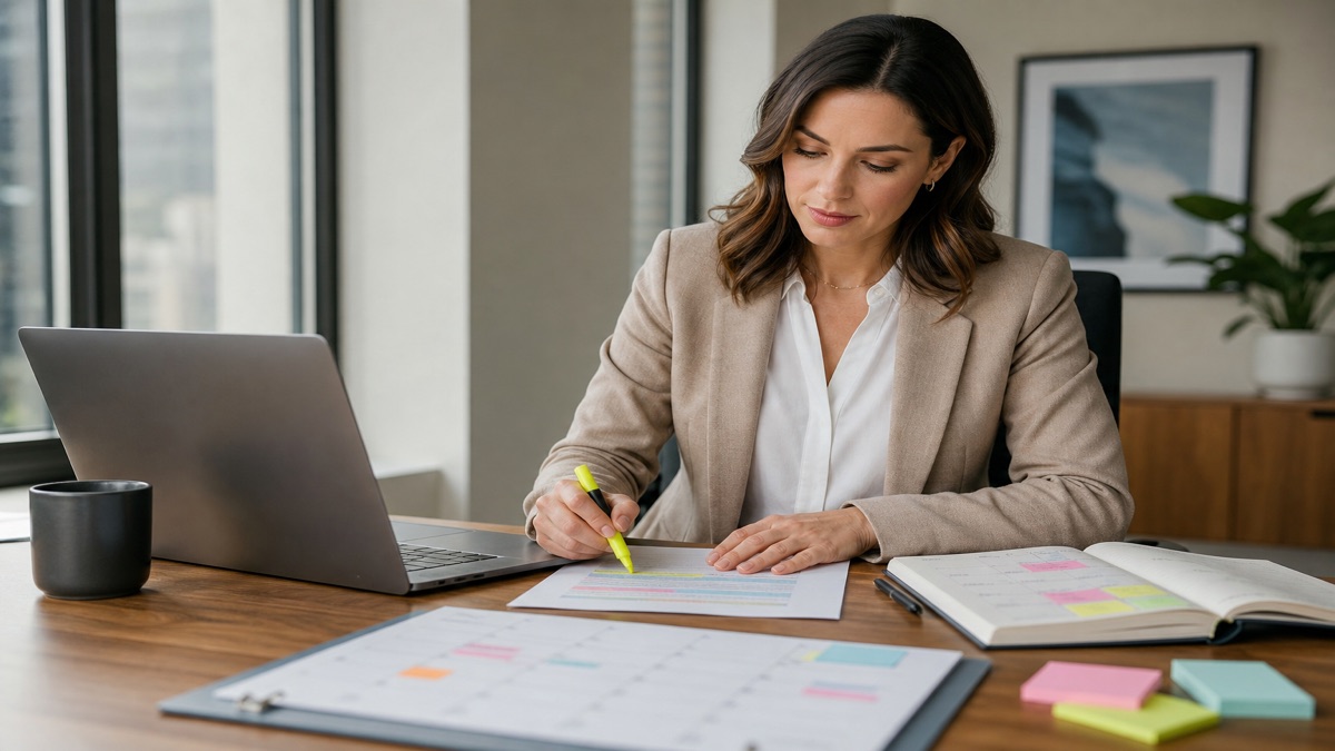 Employee preparing notes and a laptop before a performance review