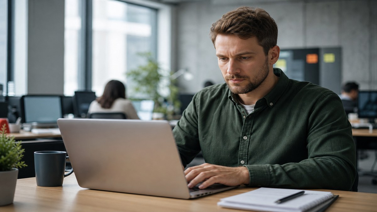 Professional updating a resume with a current job entry showing Present end date and achievement bullets on a laptop