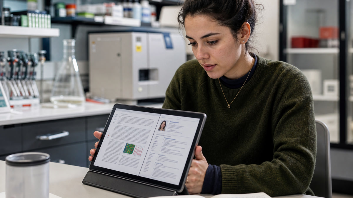 Graduate researcher in a university lab reviewing a research paper and resume draft on a tablet
